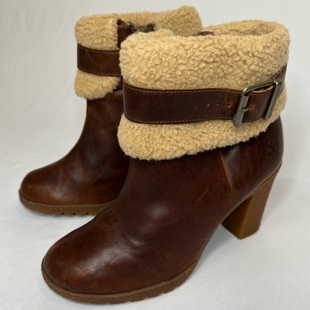 Timberland Glancy Teddy Fleece Fold Down Boot Leather Brown Women’s Size 7